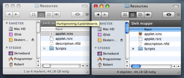 Bildet til høyre og høyre viser før og etter kopiering/sletting (skjermdump).
