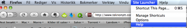Bildet: Du finner SiteLaunchers menyer i Firefox' menylinje.