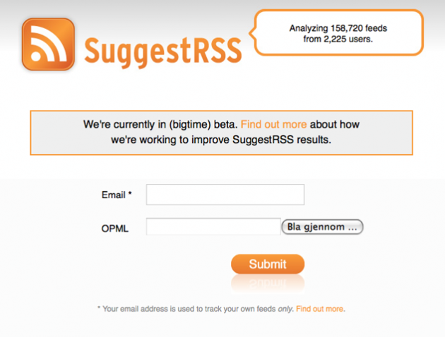 Bildet: Her sender du inn dine rss-strømmer, og registrerer din epost-adresse