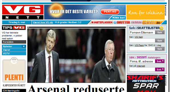 vgnett forside VG Nett hacket tirsdag kveld hoyre